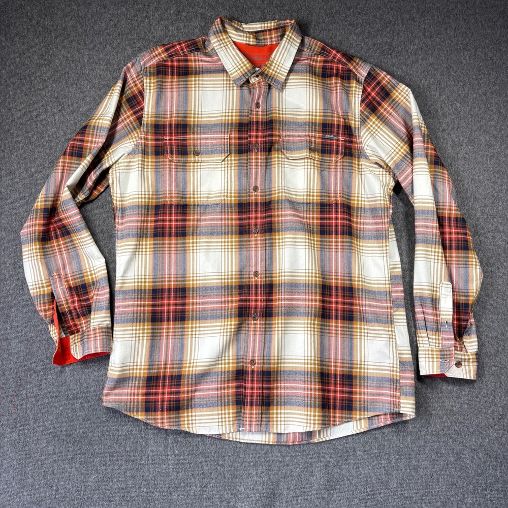 Eddie Bauer Mens XL Tall Classic Fit Plaid Flannel Shirt Orange Tan Long Sleeve